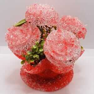 VTG MCM RETRO Melted Popcorn Coral Roses NIGHT LIGHT Kitsch Ruffled Bowl